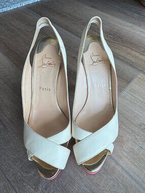 Christian Louboutin Leather Slingback Peep Toe Heels Tan Pink Red Sole size 38.5